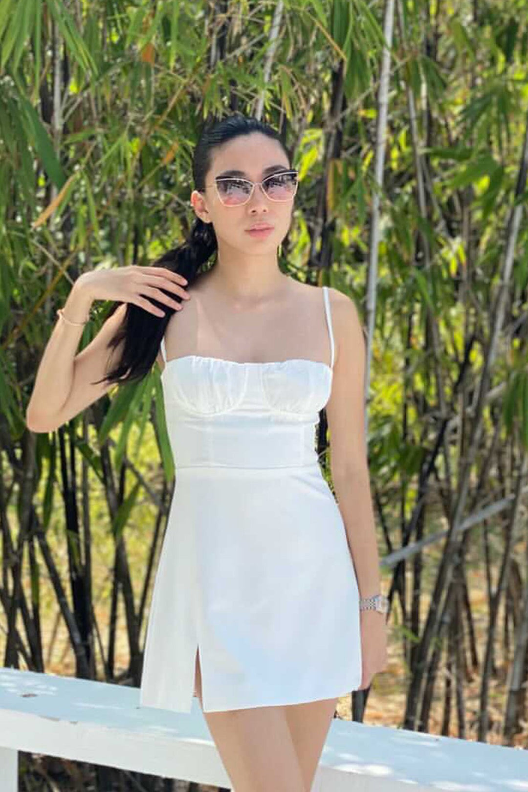 Stef White Sleeveless Ruched Bust Mini Dress