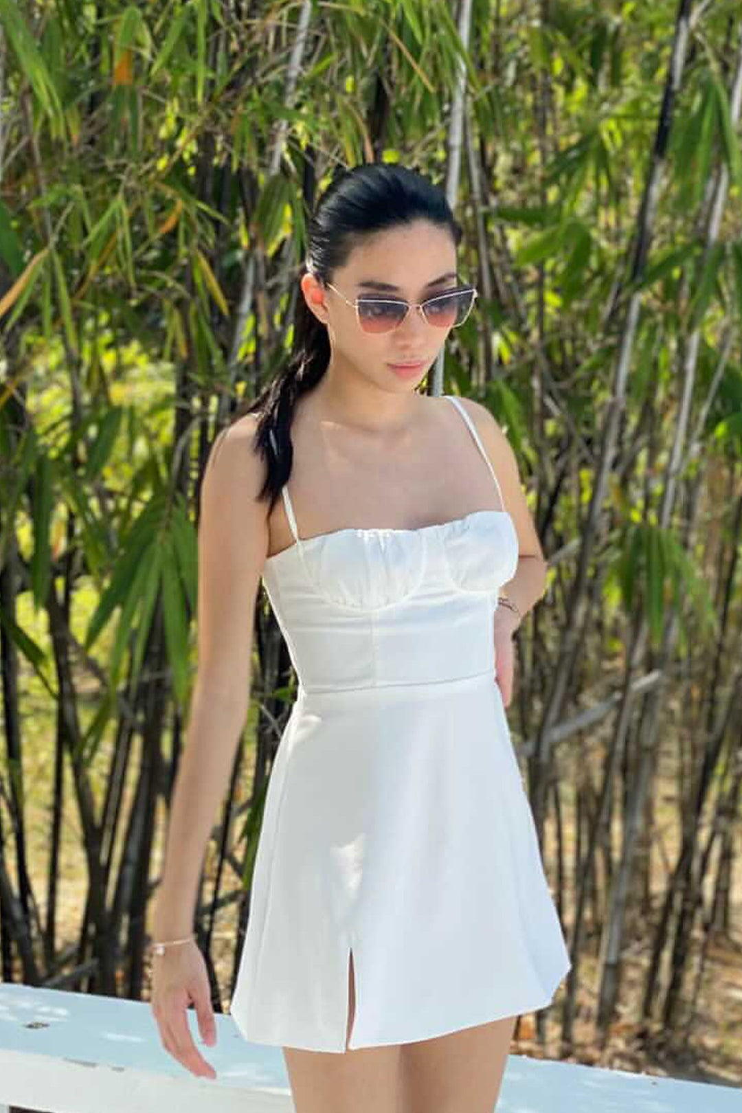 Stef White Sleeveless Ruched Bust Mini Dress