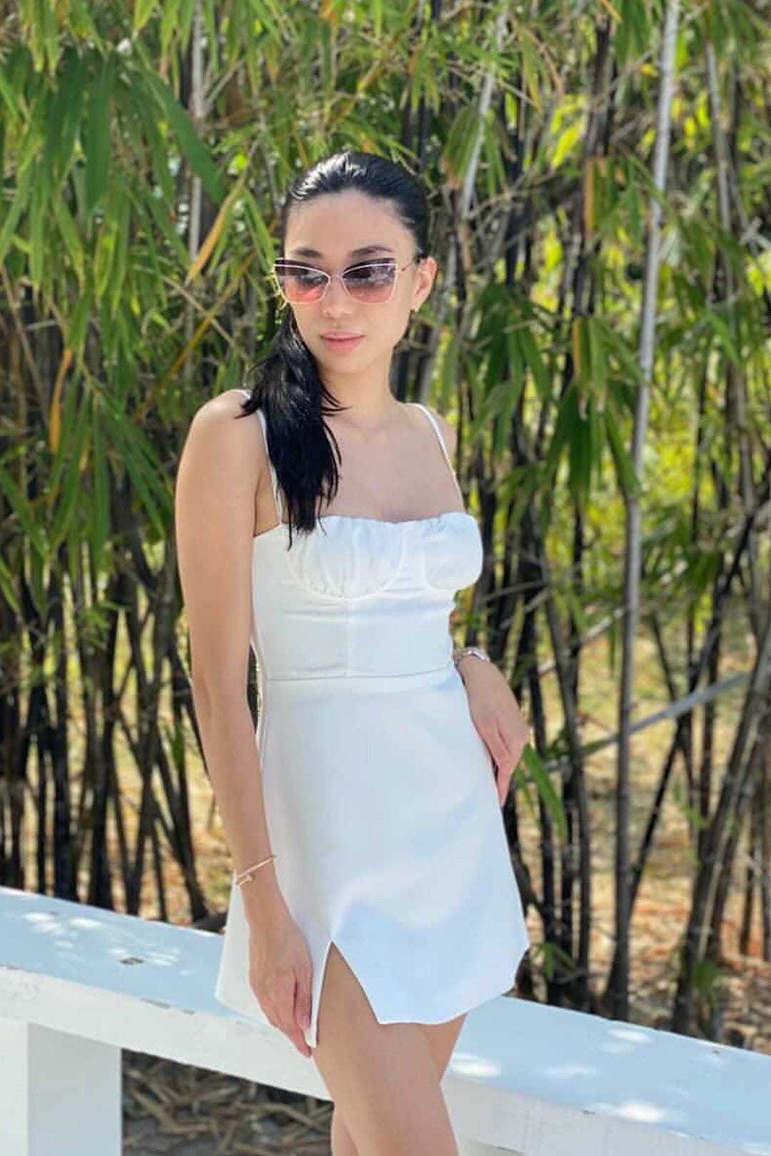 Stef White Sleeveless Ruched Bust Mini Dress