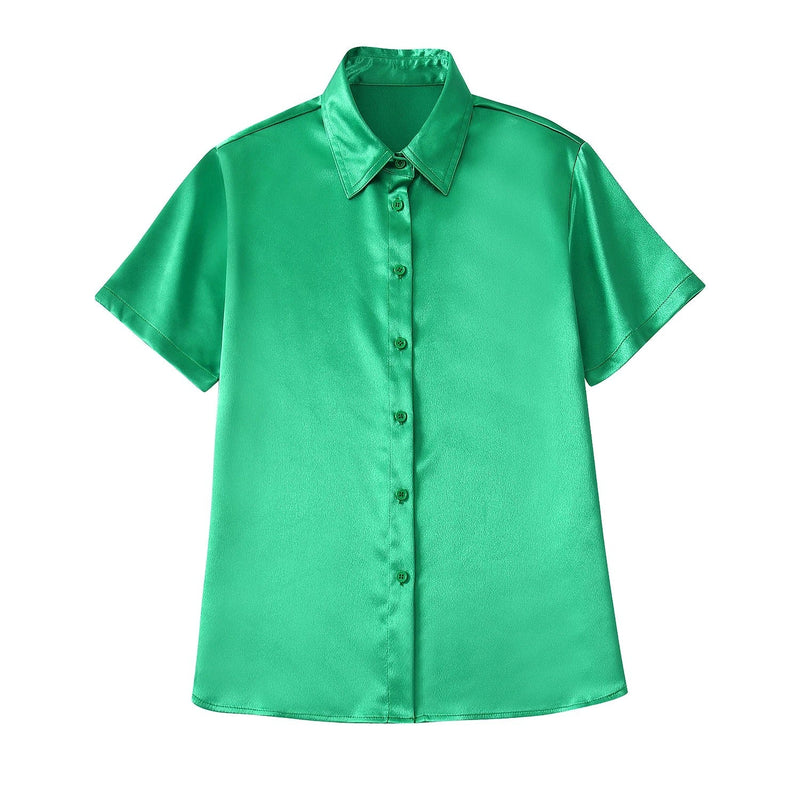 Avyanna Green Silk Turn Down Collar Buttondown Short Sleeves Top
