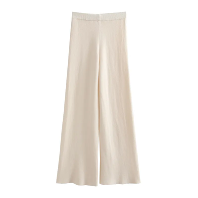 Seff Beige Solid Tone Elastic Waist Full Length Casual Culottes