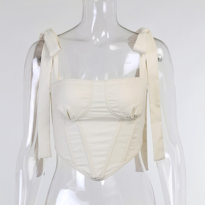Sakura Beige Square Neck Sleeveless Self Tie Straps Corset Top