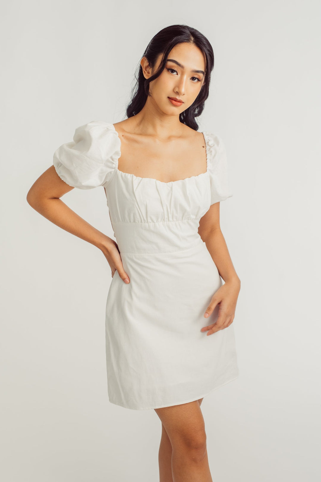 Faye White Square Neck Ruched Bust Short Sleeves Crisscross Back Mini Dress