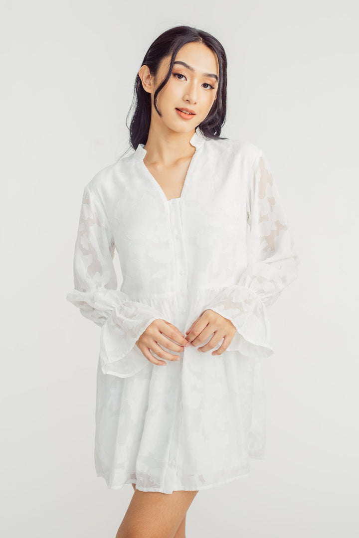 Karina White V Neck Flare Long Sleeves Textured Mini Dress