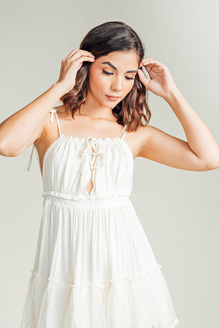 Maple Cream Sleeveless Self Tie Sexy Back Layer Mesh Hem Mini Dress
