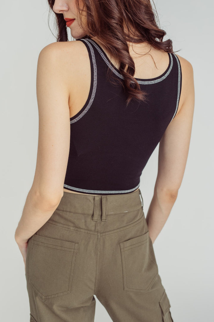 Iggy Black Knitted Scoop Neck Sleeveless Contrast Thread Basic Top