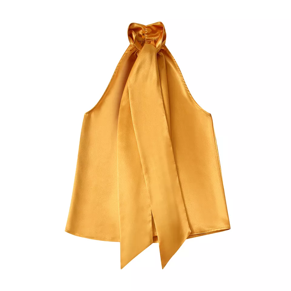 Jennifer Gold Yellow Front Bow Halter Turtle Neck Sleeveless Top