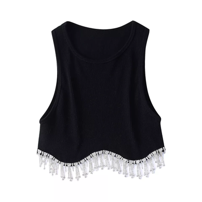Elisha Black Knitted Scoop Neck Sleeveless Gem Fringe Hem Tank Top