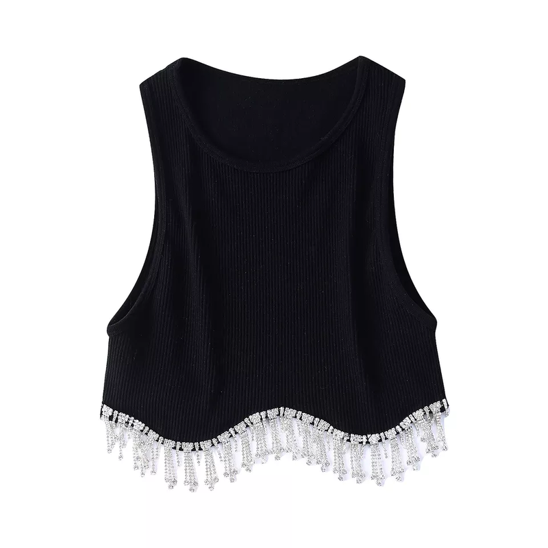 Elisha Black Knitted Scoop Neck Sleeveless Gem Fringe Hem Tank Top