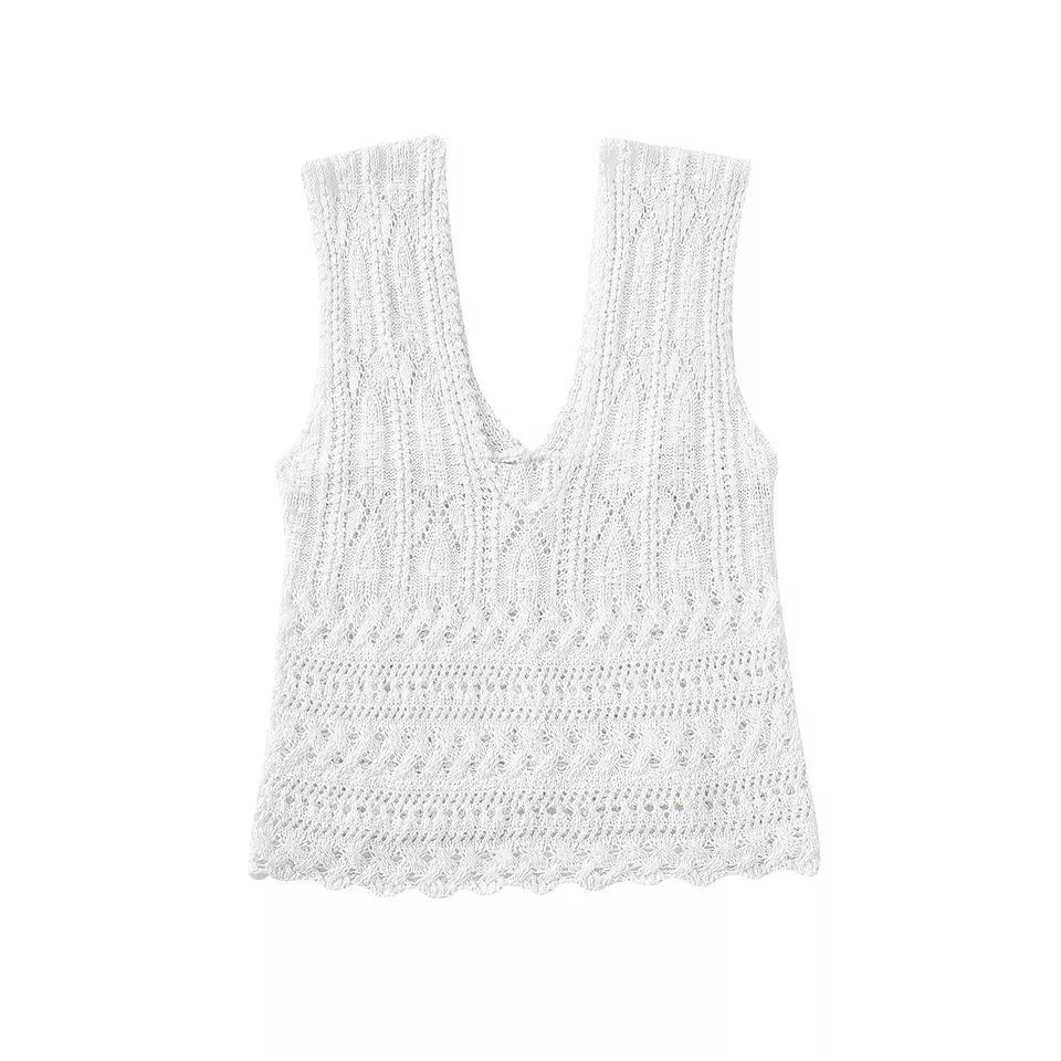Milana White Knitted Eyelet V Neck Sleeveless Top