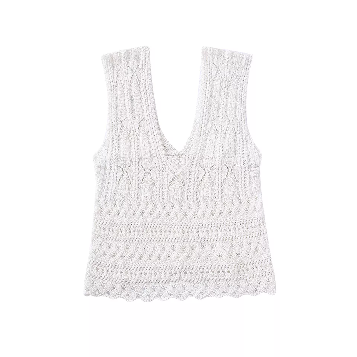 Milana White Knitted Eyelet V Neck Sleeveless Top