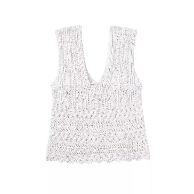 Milana White Knitted Eyelet V Neck Sleeveless Top