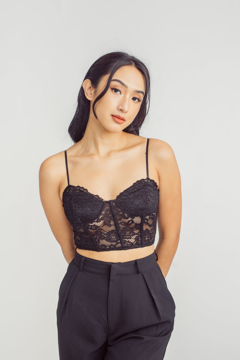Azriel Black Lace Sweetheart Neckline Sleeveless Cami Crop Top