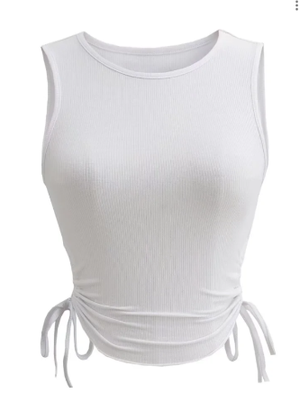 Aizen White Knitted Round Neck Sleeveless Adjustable Ruched Sides Top