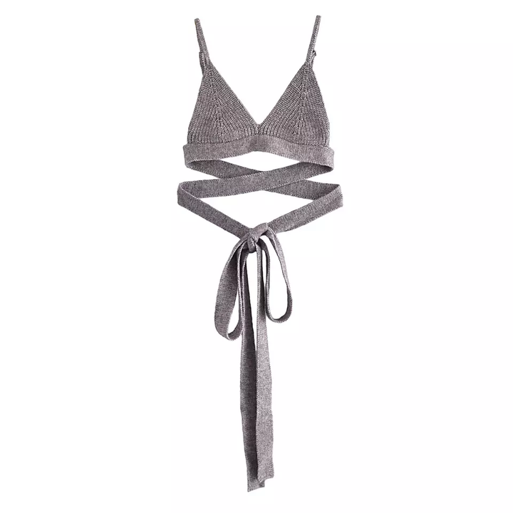 Sabina Gray Knitted V Neck Sleeveless Crop Top with Long Waist Strap