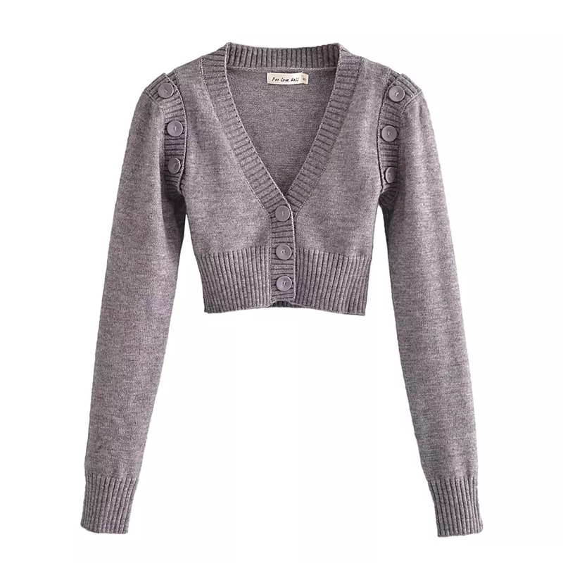 Alessandra Gray Knitted V Neck Button Details Long Sleeves Cropped Cardigan Top