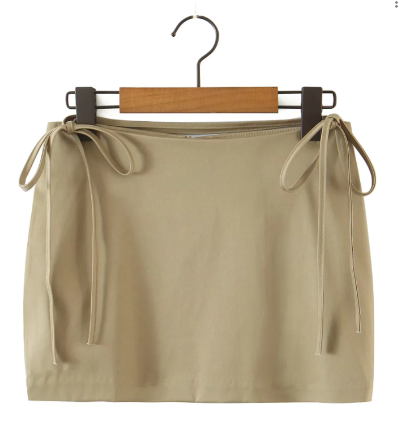 Brynleigh Khaki Back Zipper Mini Skirt with Waist Tie