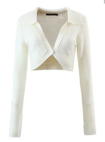 Vye White Knitted Collar V Neck Single-Button Long Sleeves Cropped Cardigan Top