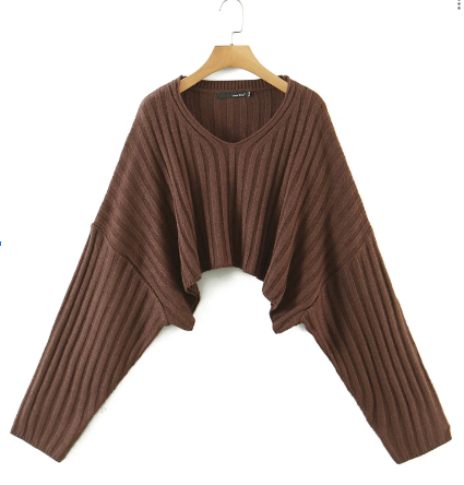 Anne Brown Knitted V Neck Long Sleeves Loose Cropped Cardigan Top