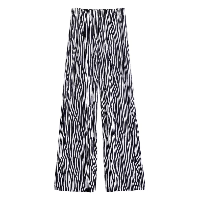 Miguel Black and White Animal Print Elastic Waist Straight Cut Trouser
