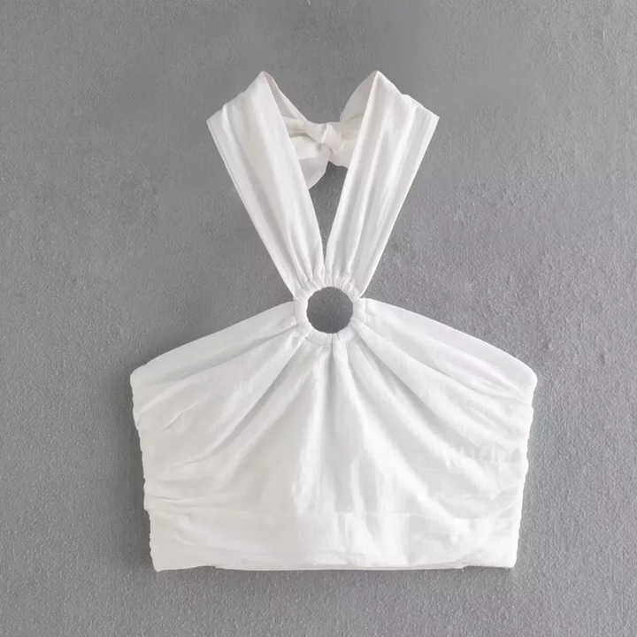 Aleka White Sleeveless Halter Bow Straps Smocked Sides Crop Top