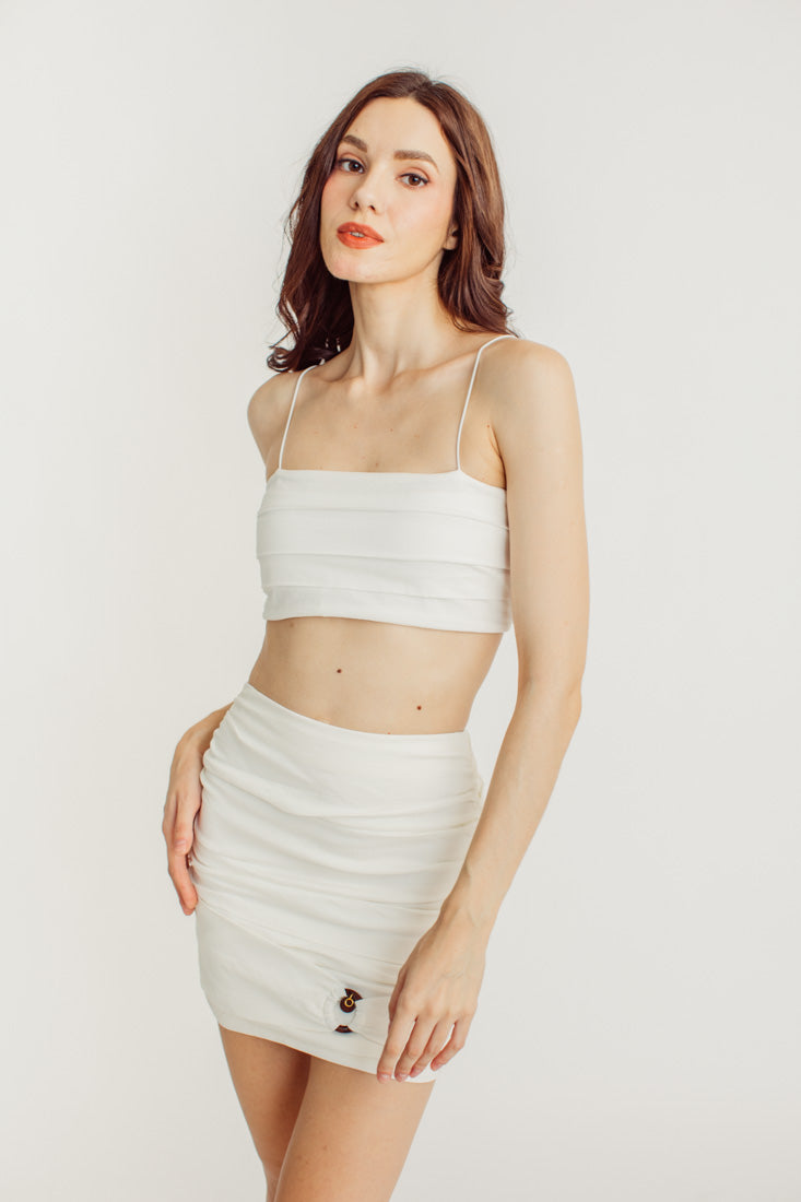 Hitoshi White Ruched Bandage Mini Skirt with Embellishment