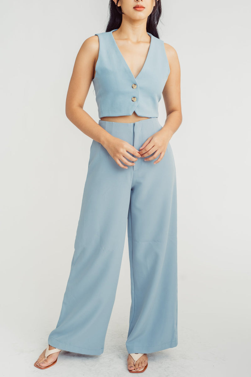 Kaiza Blue V Neck 2-Button Closure Sleeveless Vest Top