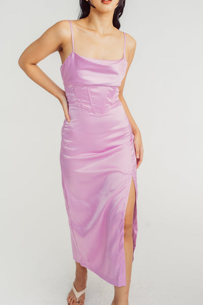 Poppey Dark Pink Silk Cowl Neck Sleeveless Lined Waist Midi Dress