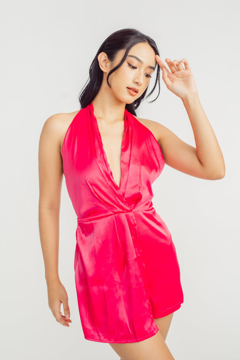 Vangie Hot Pink V Neck Halter Sleeveless Open Back Romper