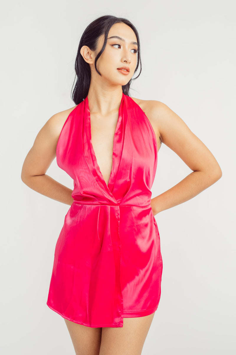 Vangie Hot Pink V Neck Halter Sleeveless Open Back Romper