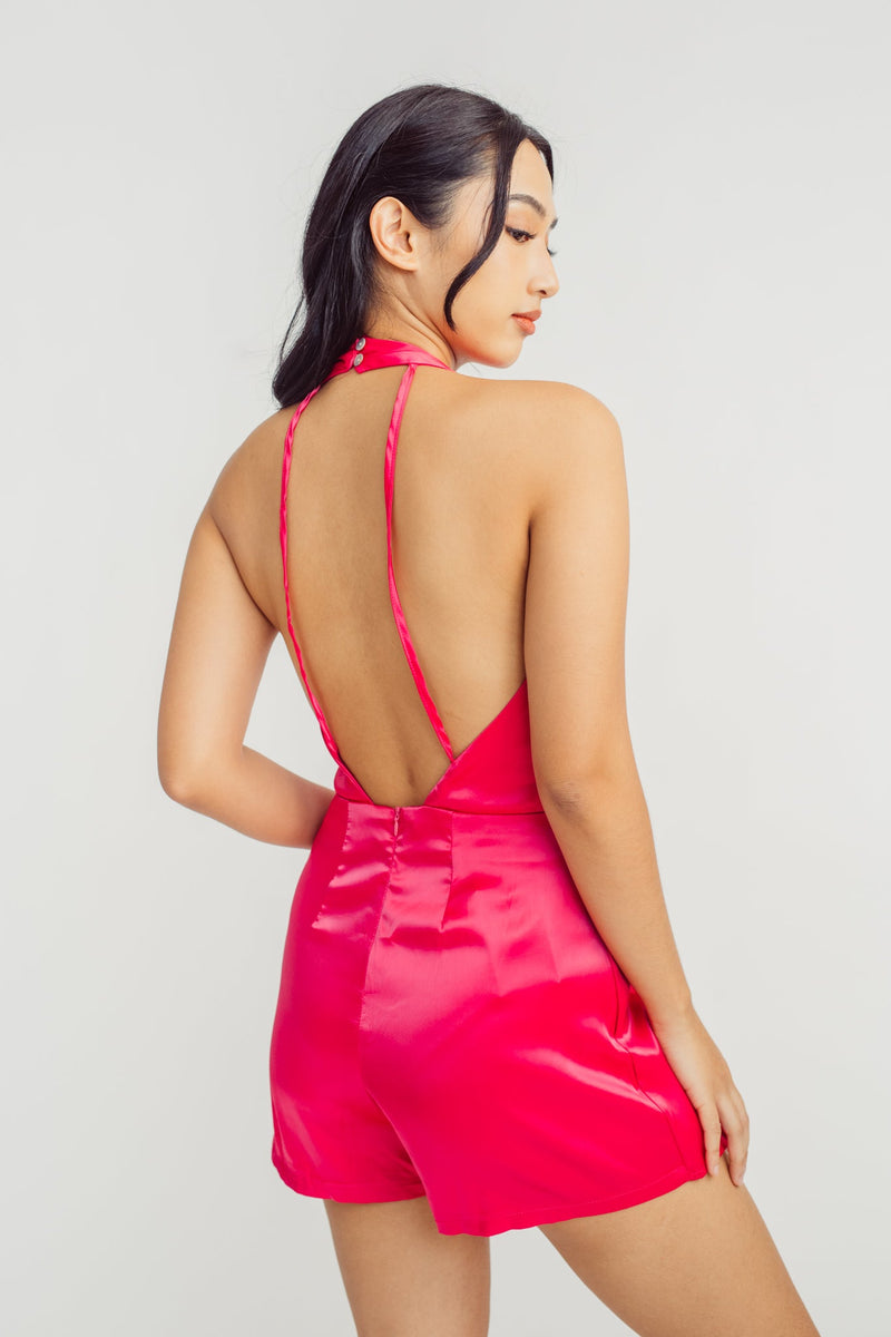 Vangie Hot Pink V Neck Halter Sleeveless Open Back Romper