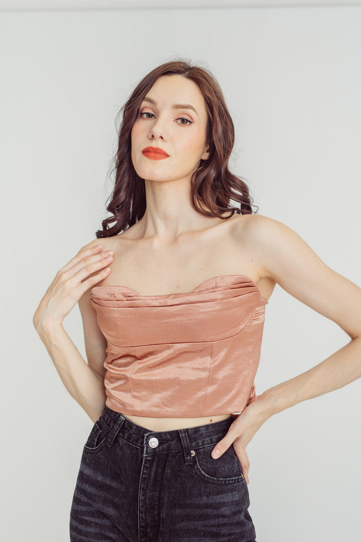 Jade Brown Silk Sweetheart Neckline Pleated Bust Tube Top