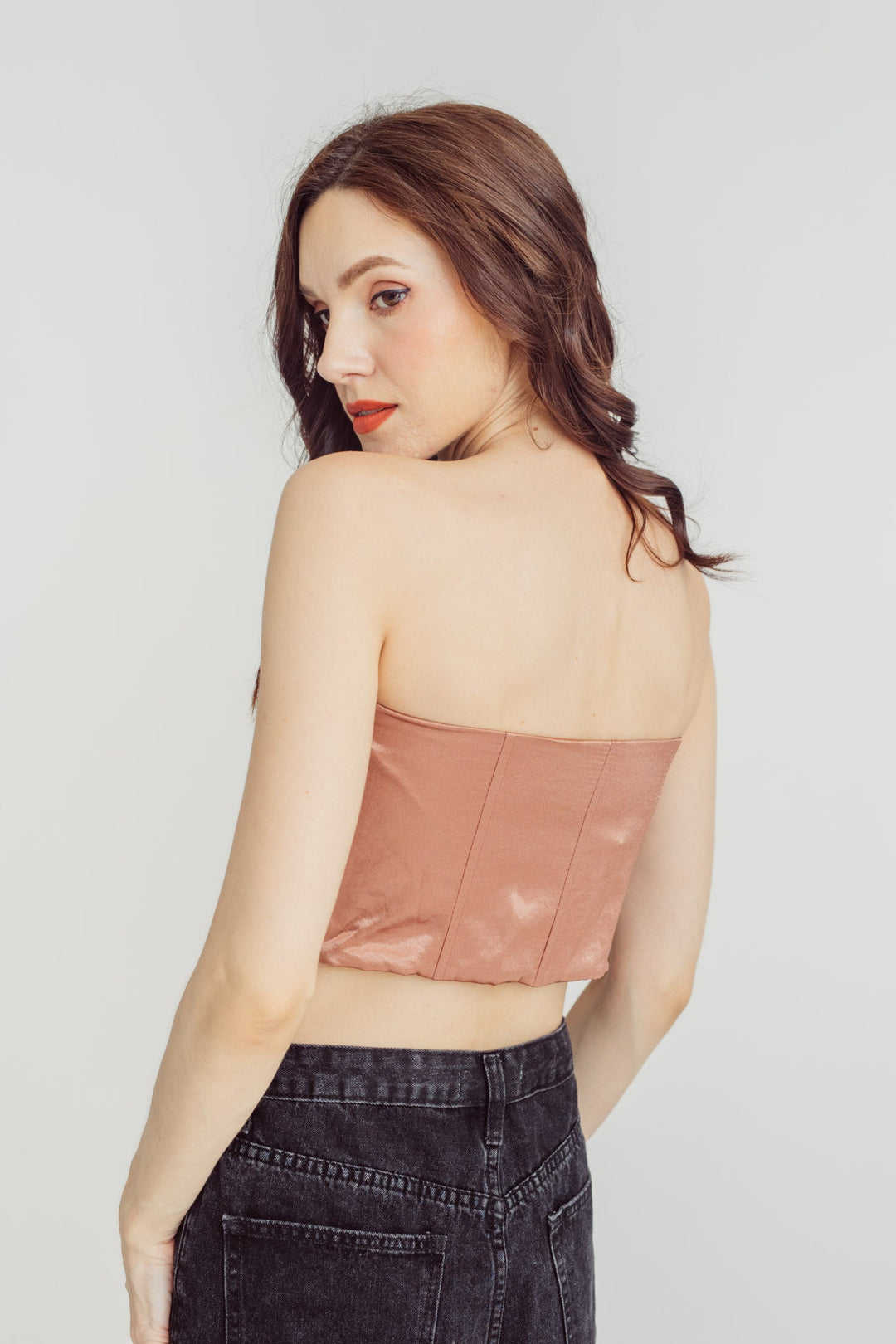 Jade Brown Silk Sweetheart Neckline Pleated Bust Tube Top