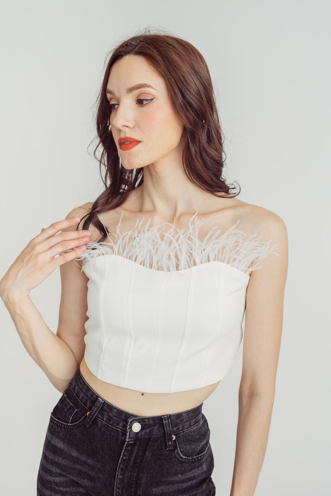 Bora White Feather Neckline Lined Tube Top