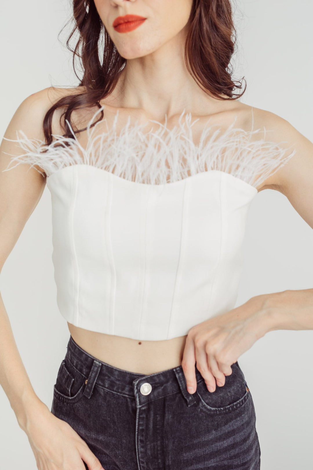 Bora White Feather Neckline Lined Tube Top