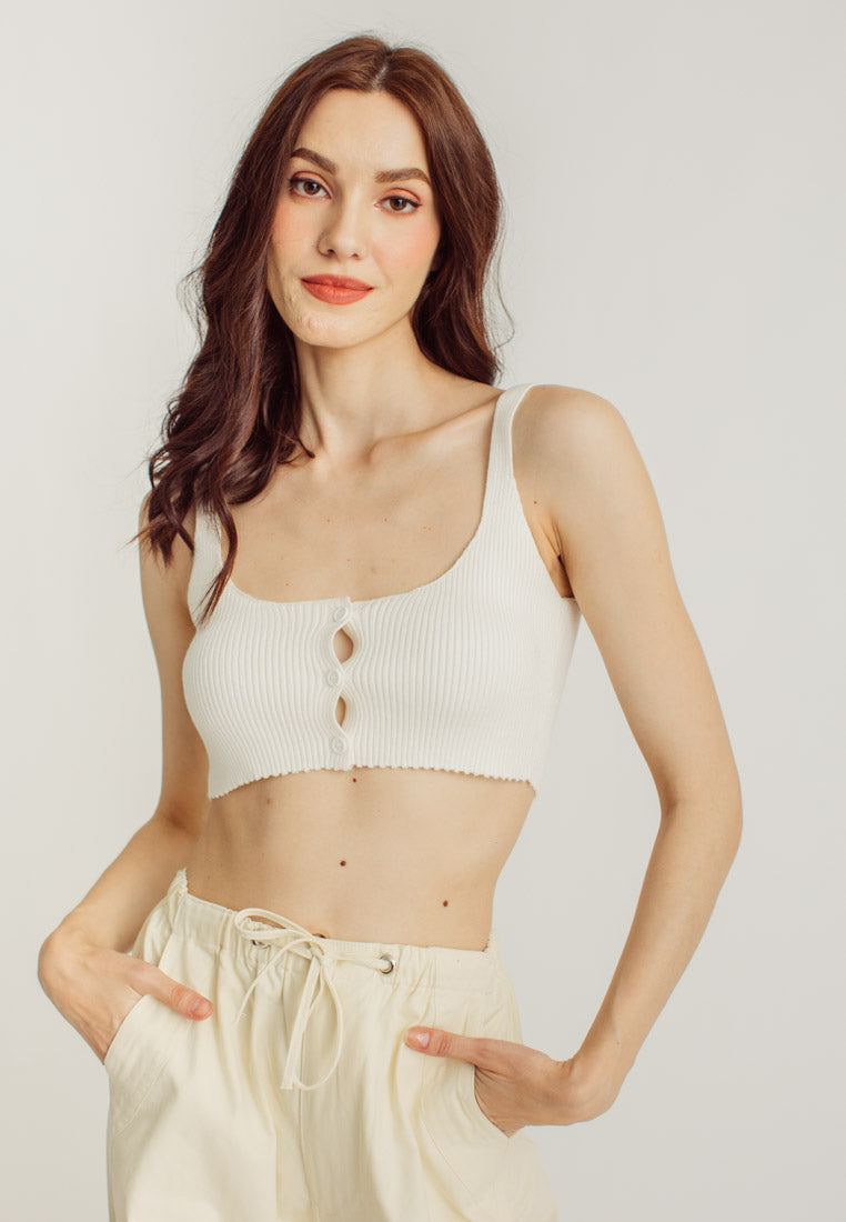 Olla White Knitted U Neck Button Details Sleeveless Tank Top