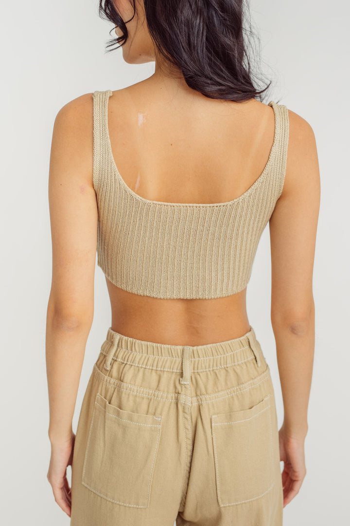 Olla Beige Knitted U Neck Button Details Sleeveless Tank Top