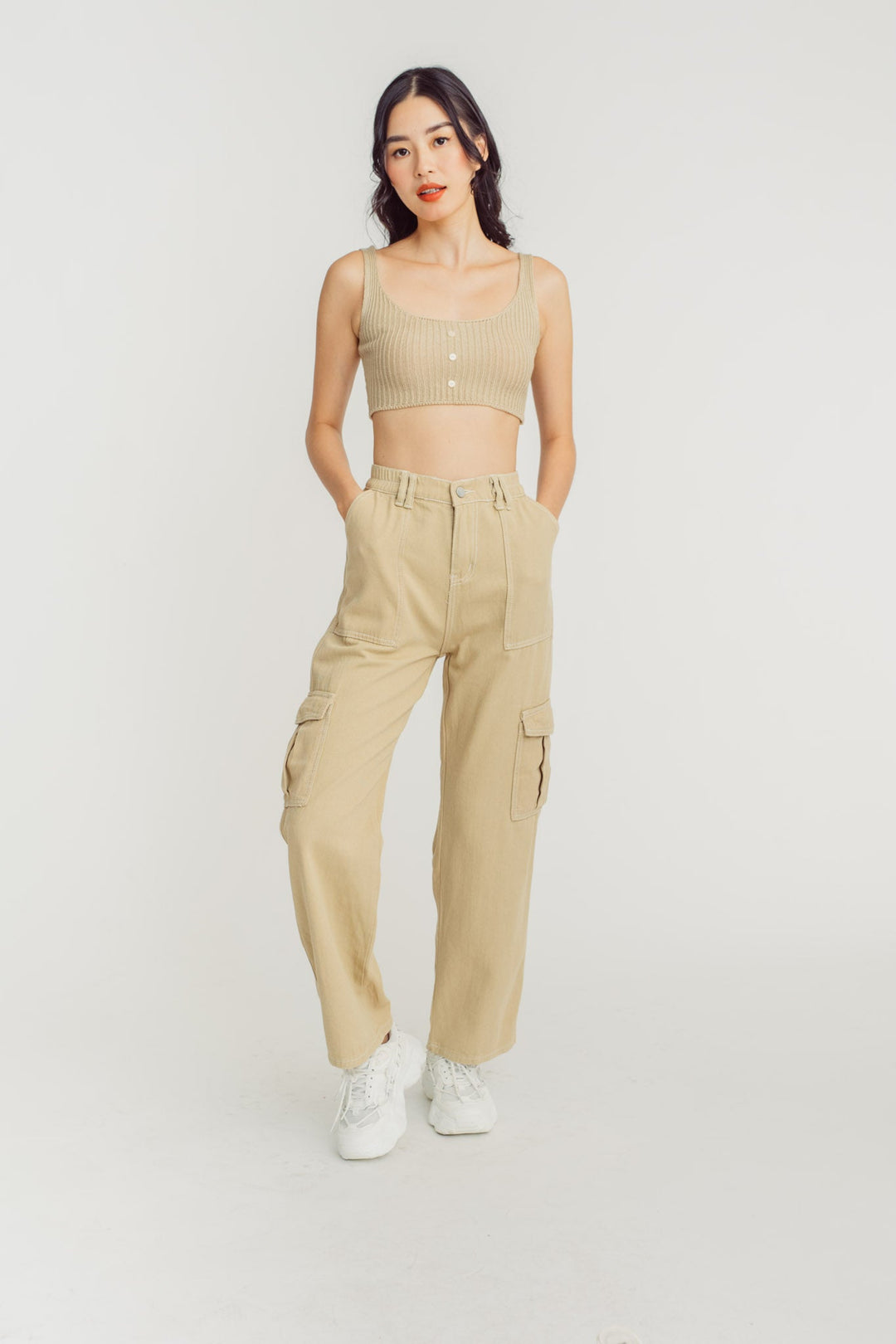 Olla Beige Knitted U Neck Button Details Sleeveless Tank Top