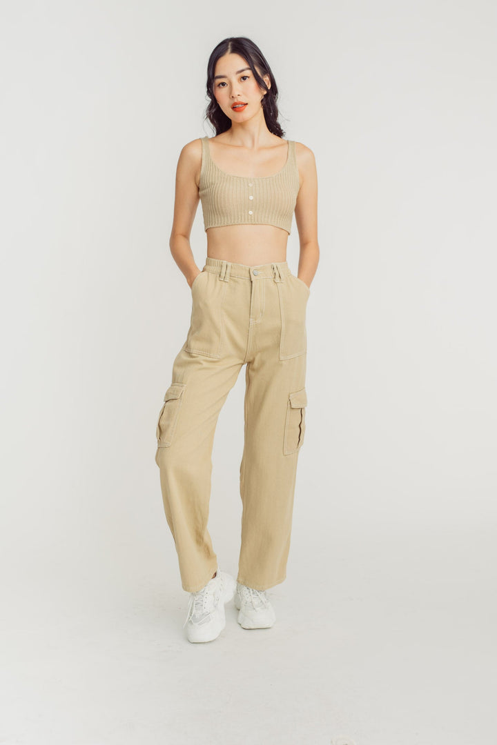 Olla Beige Knitted U Neck Button Details Sleeveless Tank Top