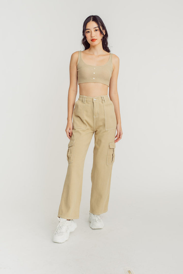 Olla Beige Knitted U Neck Button Details Sleeveless Tank Top