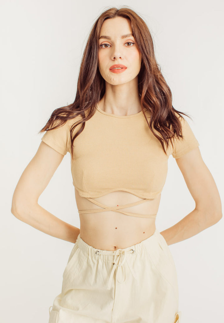 Juris Beige Knitted Round Neck Short Sleeves Crop Top with Waist Strap