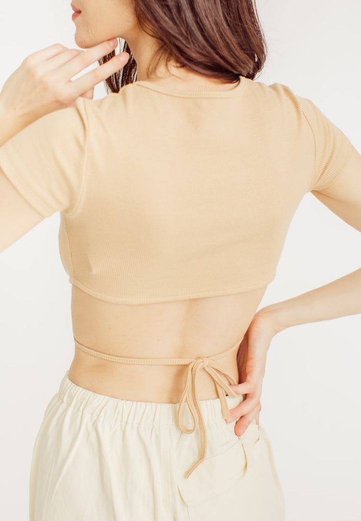 Juris Beige Knitted Round Neck Short Sleeves Crop Top with Waist Strap