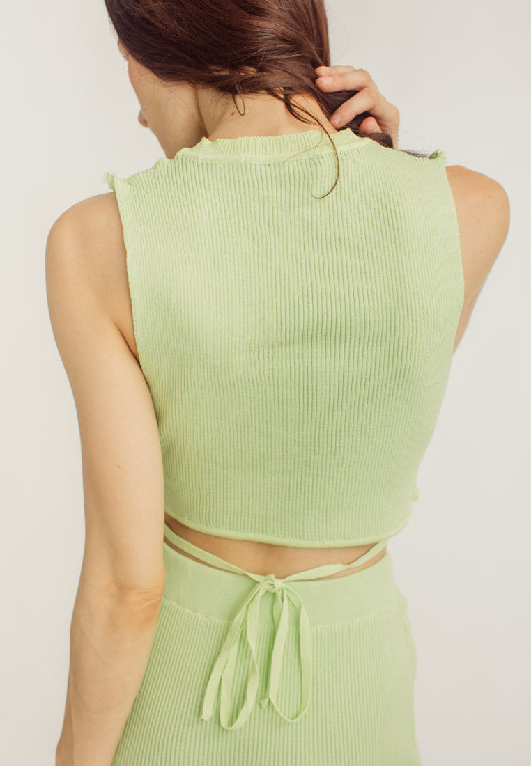 Dahyun Green Knitted Crew Neck Sleeveless Top with Waist Strap