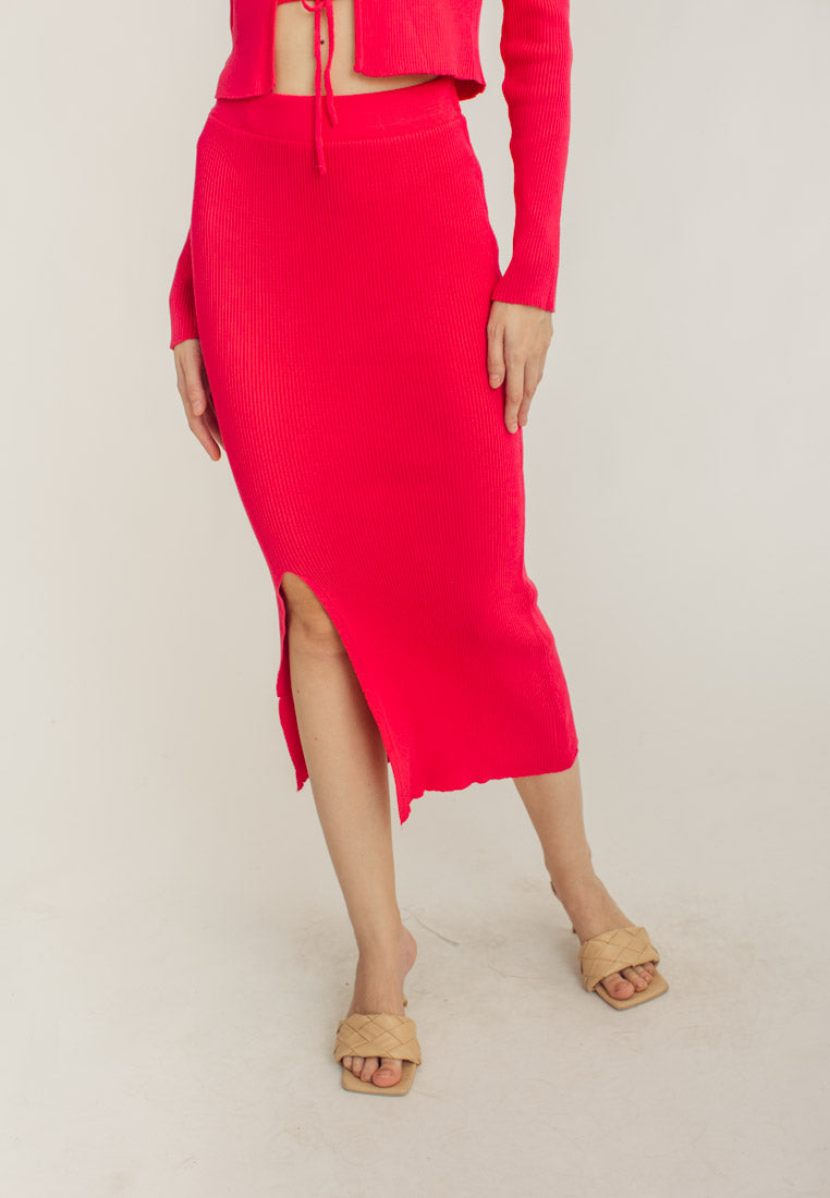 Nolan Fuchsia Knitted Elastic Waist Midi Skirt