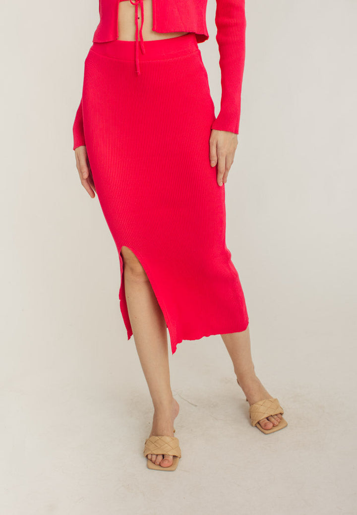 Nolan Fuchsia Knitted Elastic Waist Midi Skirt