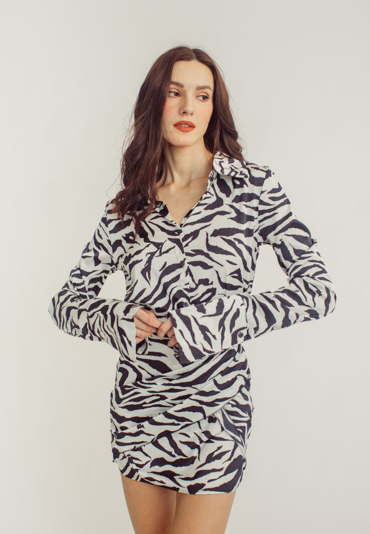 Arlene Zebra Print Tie Waist Collar Long Sleeve Mini Dress