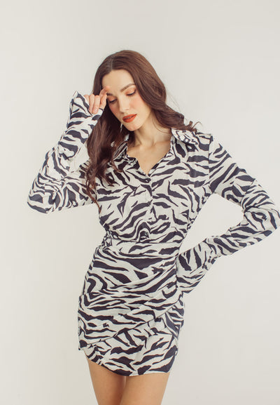 Arlene Zebra Print Tie Waist Collar Long Sleeve Mini Dress