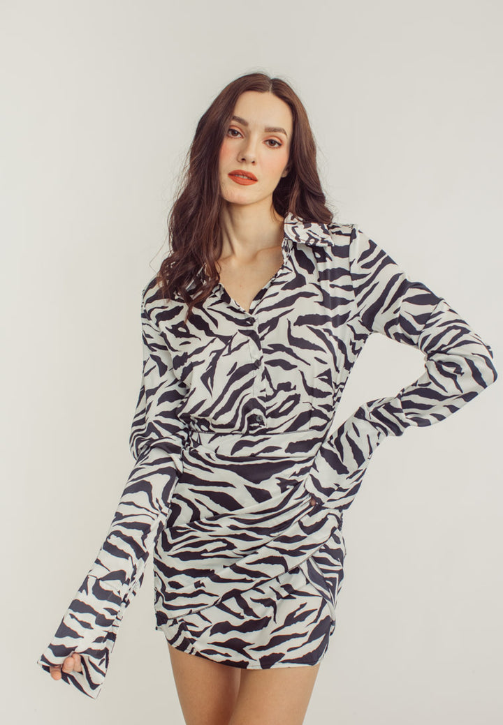 Arlene Zebra Print Tie Waist Collar Long Sleeve Mini Dress