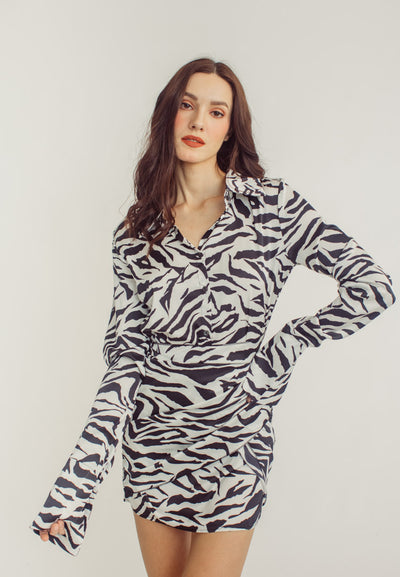 Arlene Zebra Print Tie Waist Collar Long Sleeve Mini Dress
