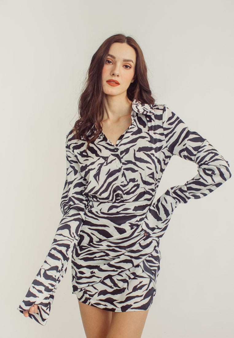 Arlene Zebra Print Tie Waist Collar Long Sleeve Mini Dress